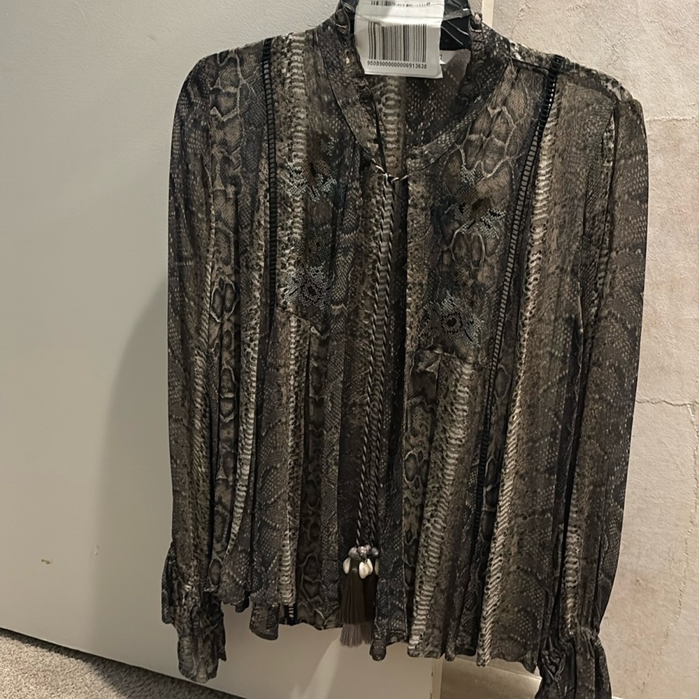 Gorgeous olive snake print top with embroidery and shell tie detail